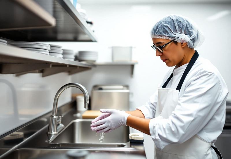 A food handler washing hands in a clean commercial kitchen